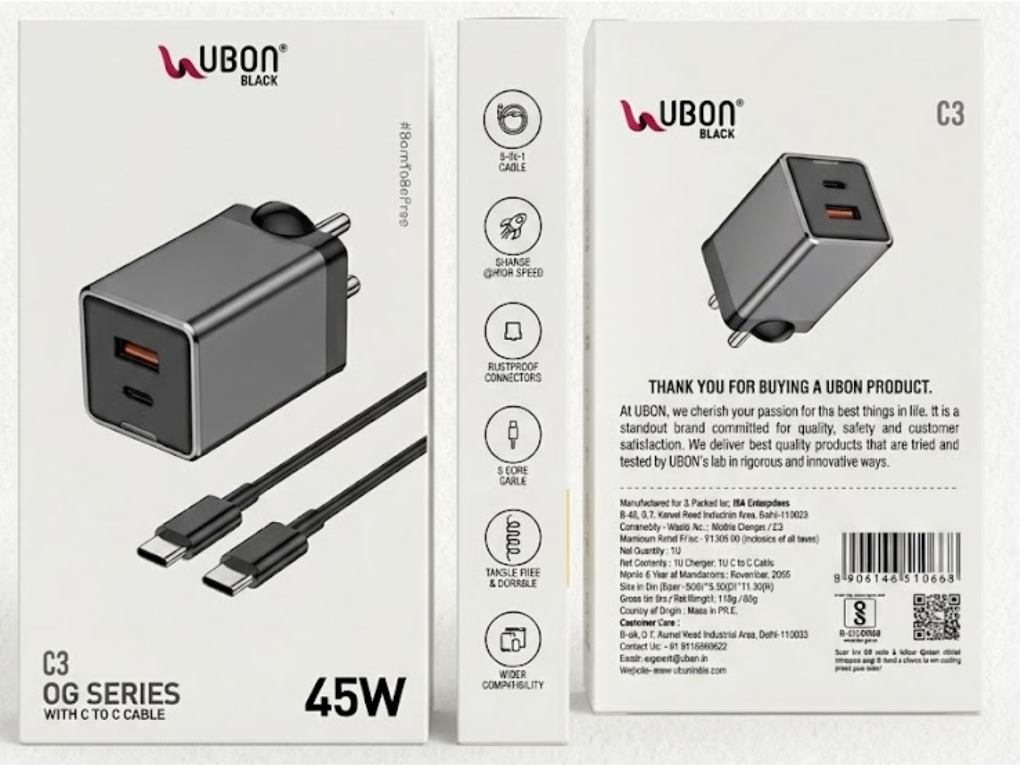 Ubon C3- 45W Fast Mobile Charger with C to C Cable – 2.0 SpeedUp USB Type C Fast Charging Adapter with Overheating & Over Voltage Protection, Safe Rapid Charger for All Smartphones
