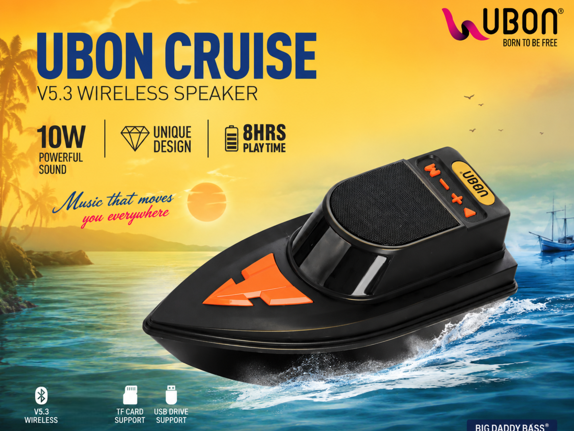 UBON Cruise V5.3 Wireless Bluetooth Speaker | 10W Powerful Sound Output | Up to 8 Hours Playtime | Portable Heavy Bass Speaker with Bluetooth 5.3, USB, TF Card &amp; AUX Support | Stylish Unique Design for Home, Travel &amp; Parties