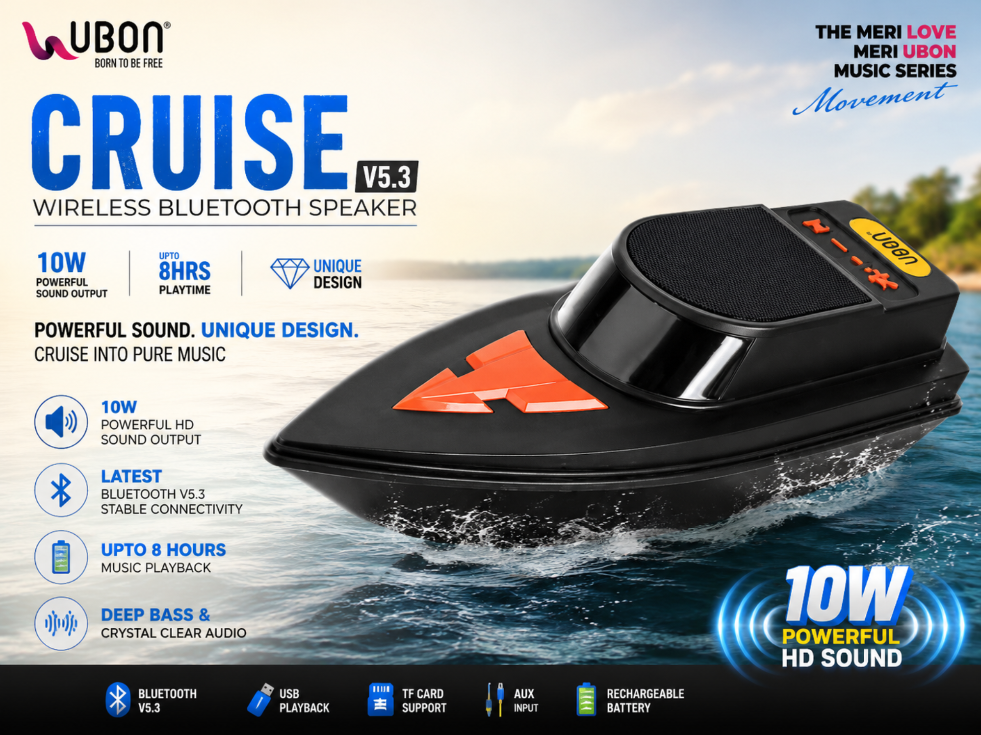 UBON Cruise V5.3 Wireless Bluetooth Speaker | 10W Powerful Sound Output | Up to 8 Hours Playtime | Portable Heavy Bass Speaker with Bluetooth 5.3, USB, TF Card &amp; AUX Support | Stylish Unique Design for Home, Travel &amp; Parties