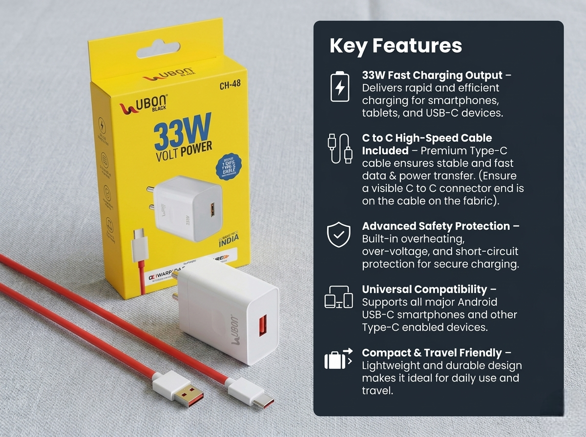 Ubon C48- 33W Fast Mobile Charger with C to C Cable – 2.0 SpeedUp USB Type C Fast Charging Adapter with Overheating & Over Voltage Protection, Safe Rapid Charger for All Smartphones
