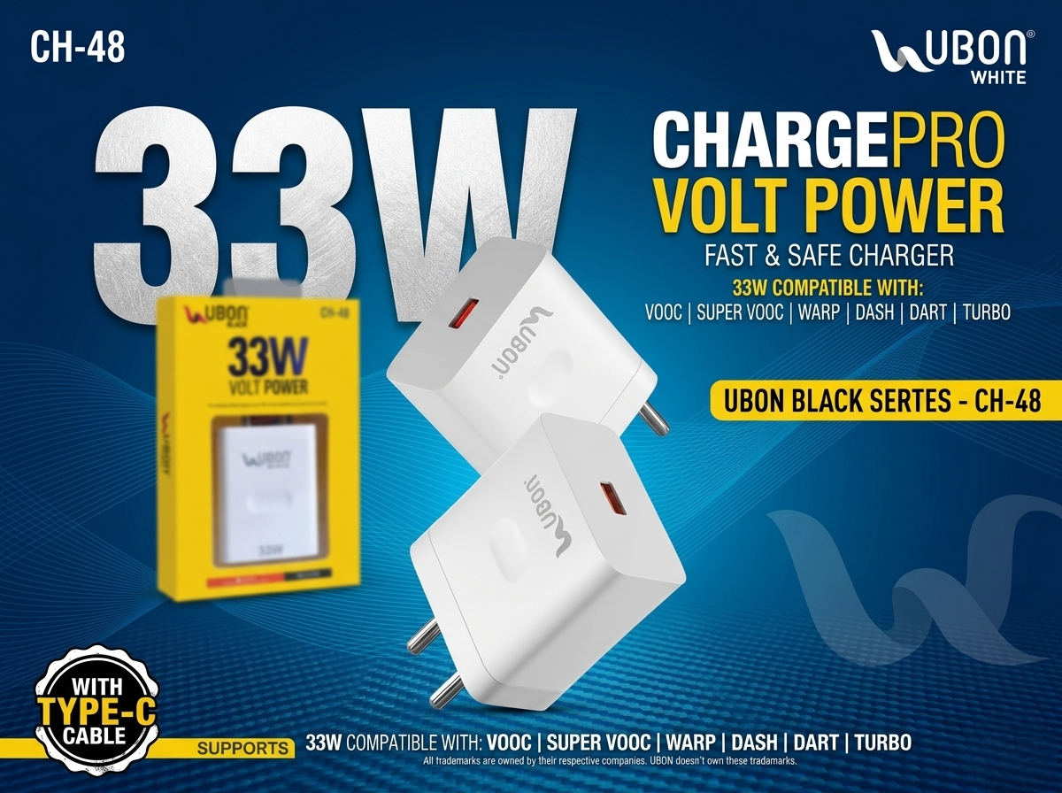 Ubon C48- 33W Fast Mobile Charger with C to C Cable – 2.0 SpeedUp USB Type C Fast Charging Adapter with Overheating & Over Voltage Protection, Safe Rapid Charger for All Smartphones