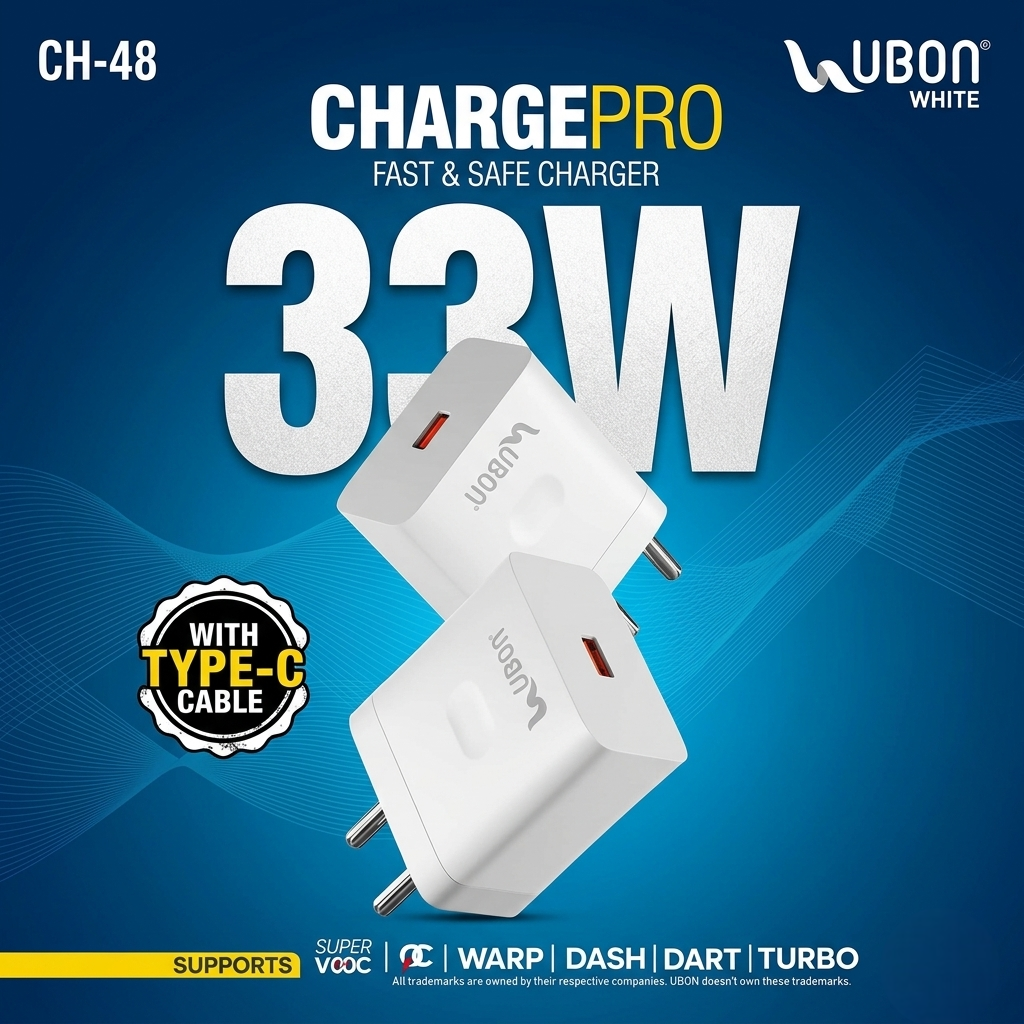 Ubon C48- 33W Fast Mobile Charger with C to C Cable – 2.0 SpeedUp USB Type C Fast Charging Adapter with Overheating & Over Voltage Protection, Safe Rapid Charger for All Smartphones