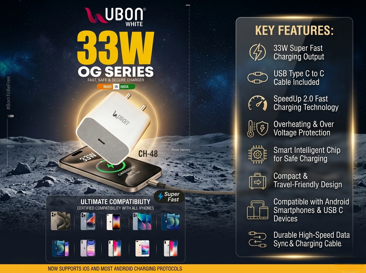 Ubon C48- 33W Fast Mobile Charger with C to C Cable – 2.0 SpeedUp USB Type C Fast Charging Adapter with Overheating & Over Voltage Protection, Safe Rapid Charger for All Smartphones