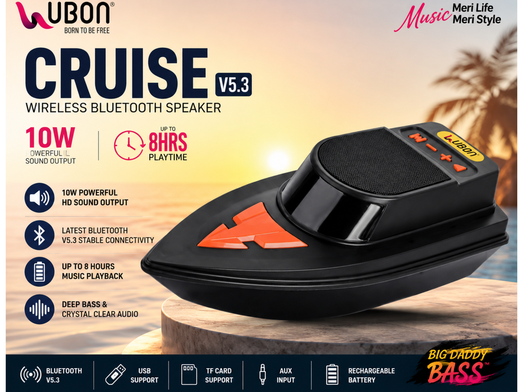 UBON Cruise V5.3 Wireless Bluetooth Speaker | 10W Powerful Sound Output | Up to 8 Hours Playtime | Portable Heavy Bass Speaker with Bluetooth 5.3, USB, TF Card &amp; AUX Support | Stylish Unique Design for Home, Travel &amp; Parties