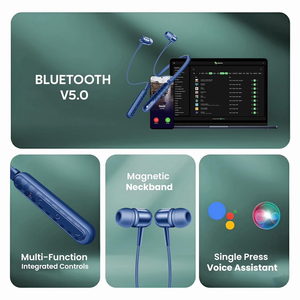 Bluetooth Wireless Neckband Earphones with 72H Playtime, Dual Pairing & Fast Charging