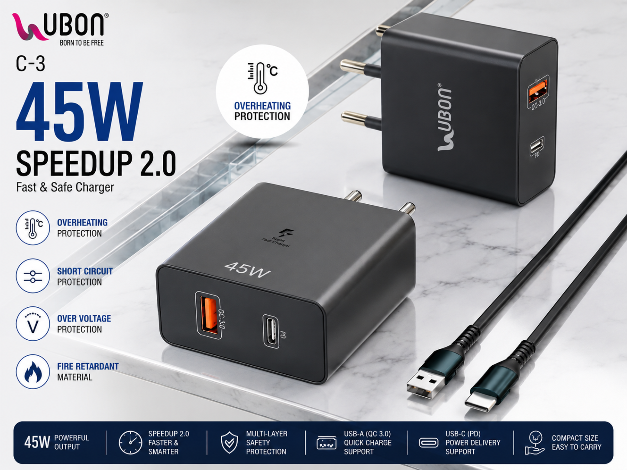 Ubon C3- 45W Fast Mobile Charger with C to C Cable – 2.0 SpeedUp USB Type C Fast Charging Adapter with Overheating & Over Voltage Protection, Safe Rapid Charger for All Smartphones