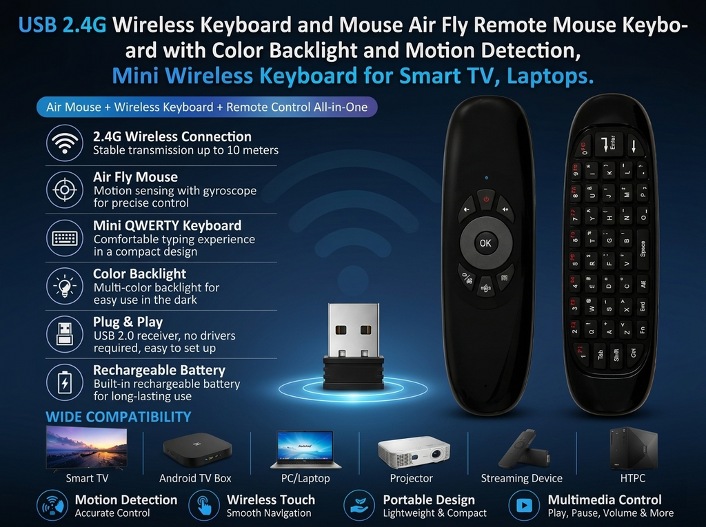 Air Mouse Remote with Mini Wireless Keyboard, 2.4G USB Fly Mouse with Color Backlight & Motion Detection, Wireless Remote Control for Smart TV, Android TV Box, PC, Laptop, Projector & HTPC.