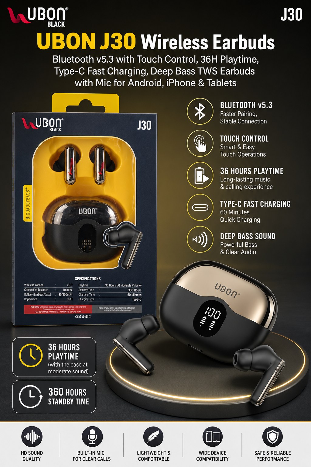 UBON J30 Wireless Earbuds Bluetooth v5.3 with Touch Control, 36H Playtime, Type-C Fast Charging, Deep Bass TWS Earbuds with Mic for Android, iPhone & Tablets