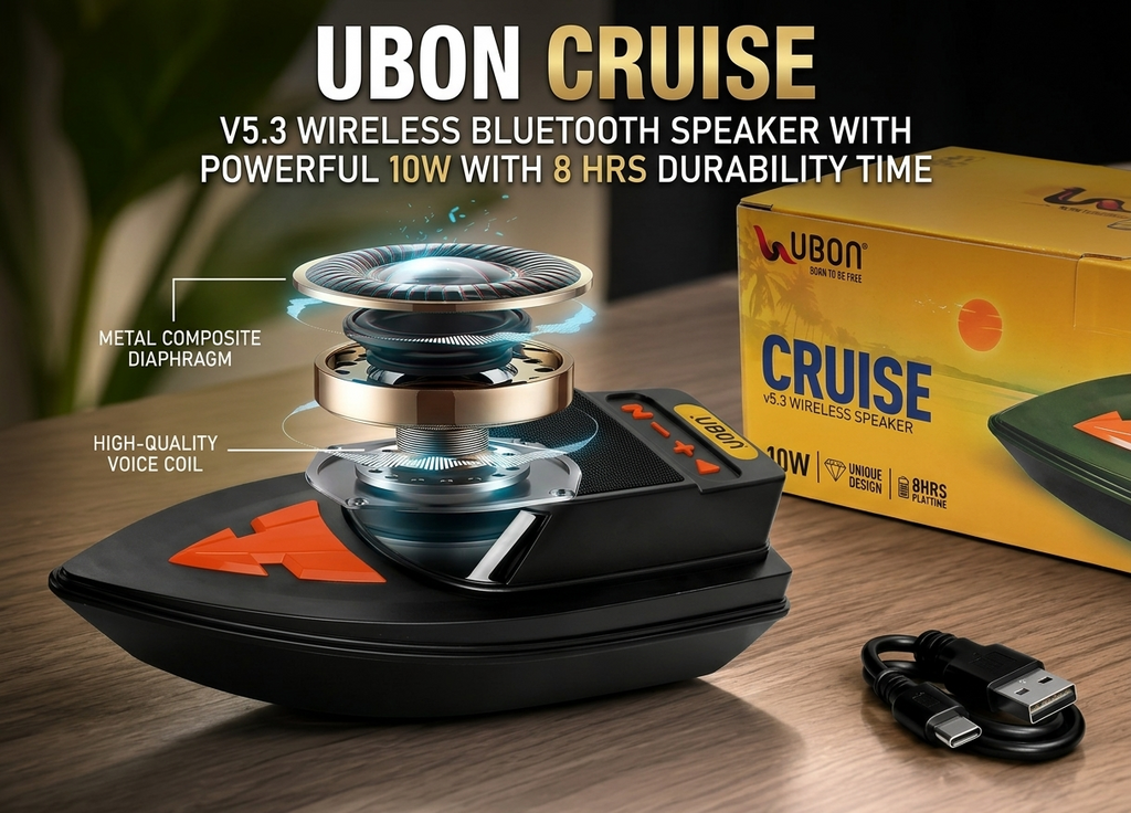 UBON Cruise V5.3 Wireless Bluetooth Speaker | 10W Powerful Sound Output | Up to 8 Hours Playtime | Portable Heavy Bass Speaker with Bluetooth 5.3, USB, TF Card &amp; AUX Support | Stylish Unique Design for Home, Travel &amp; Parties