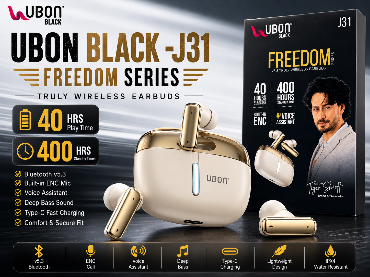 UBON J31 Freedom Series Truly Wireless Earbuds | 40Hrs Playtime | Bluetooth v5.3 TWS Earbuds | ENC Noise Free Calling | Voice Assistant | Deep Bass Sound | Type-C Fast Charging | IPX4 Water Resistant Earbuds for All Smartphones