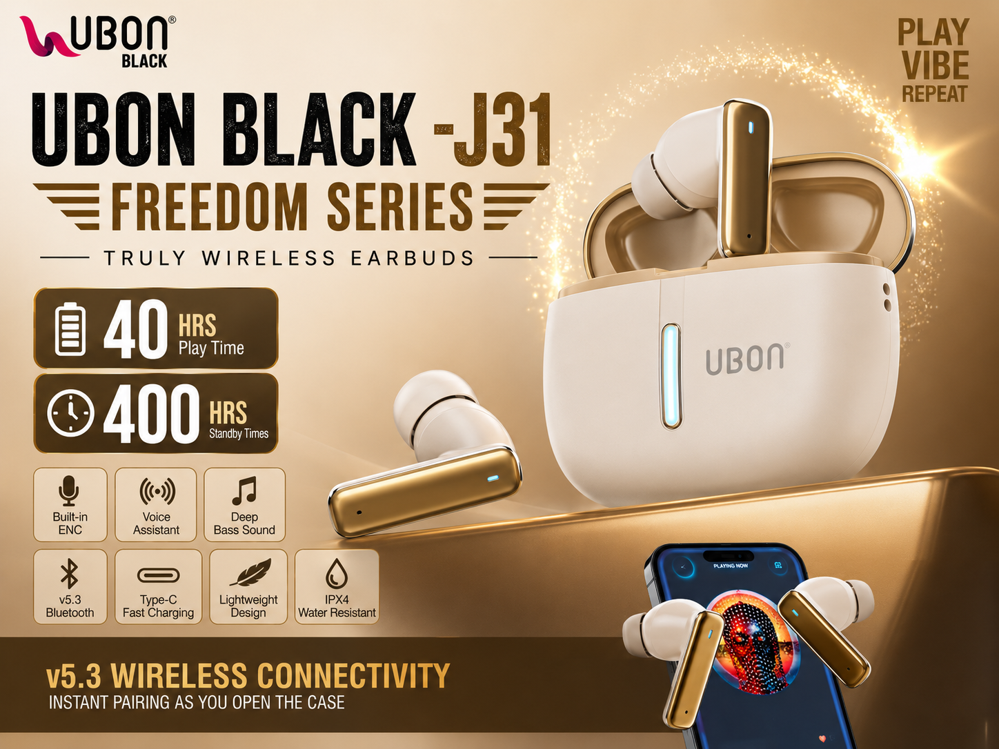 UBON J31 Freedom Series Truly Wireless Earbuds | 40Hrs Playtime | Bluetooth v5.3 TWS Earbuds | ENC Noise Free Calling | Voice Assistant | Deep Bass Sound | Type-C Fast Charging | IPX4 Water Resistant Earbuds for All Smartphones