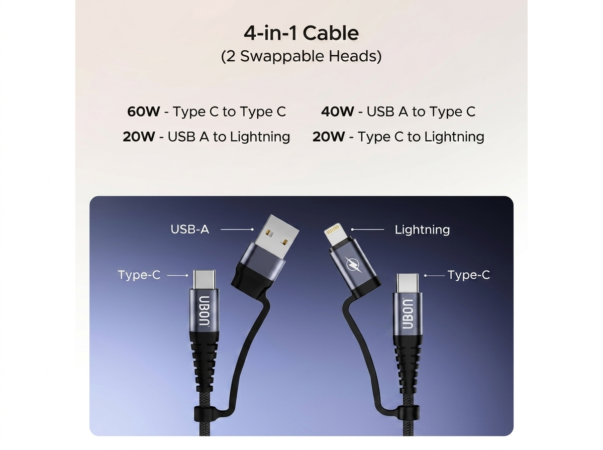 120W 4-in-1 Fast Charging Cable Nylon Braided Multi USB Charger Cord with Type-C, Micro USB & Lightning Connectors | Fast Data Sync & Durable Tangle-Free Cable for Android, iPhone, Tablets