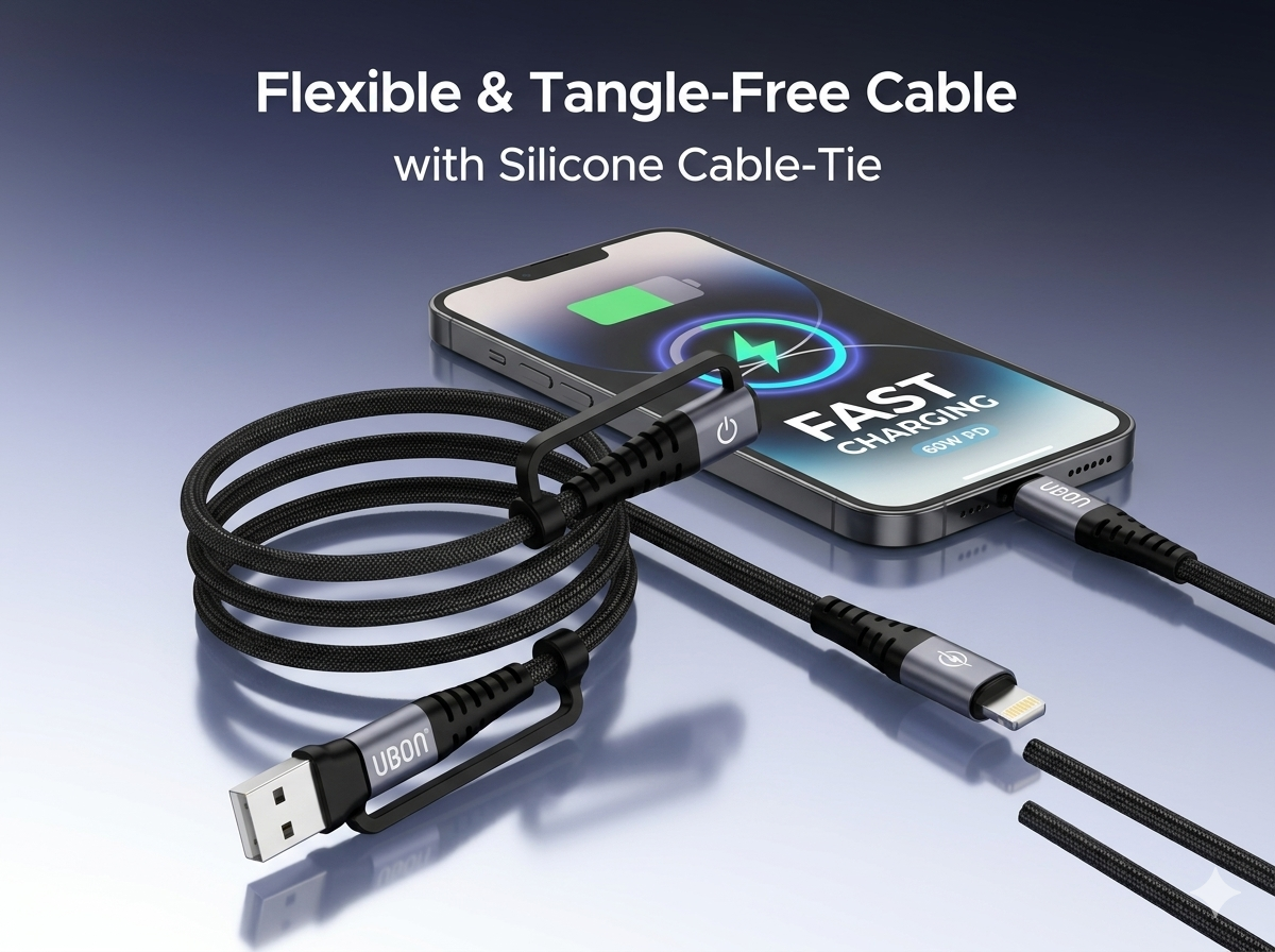120W 4-in-1 Fast Charging Cable Nylon Braided Multi USB Charger Cord with Type-C, Micro USB & Lightning Connectors | Fast Data Sync & Durable Tangle-Free Cable for Android, iPhone, Tablets
