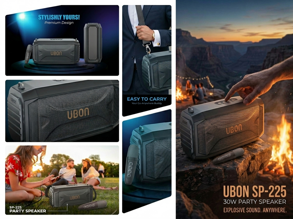 UBON SP-225 30W Bluetooth Party Speaker with Wireless Mic | 20H Playtime, 4000mAh Battery, Deep Bass, FM/USB/TF/AUX Support | Portable Karaoke Speaker