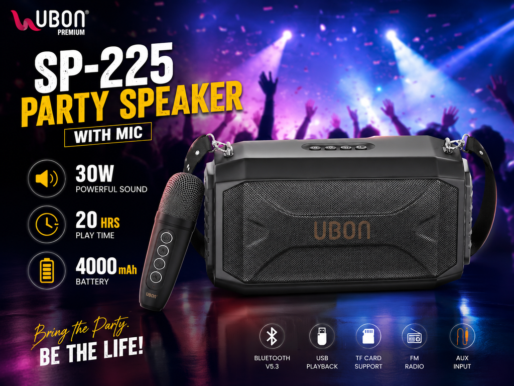 UBON SP-225 30W Bluetooth Party Speaker with Wireless Mic | 20H Playtime, 4000mAh Battery, Deep Bass, FM/USB/TF/AUX Support | Portable Karaoke Speaker