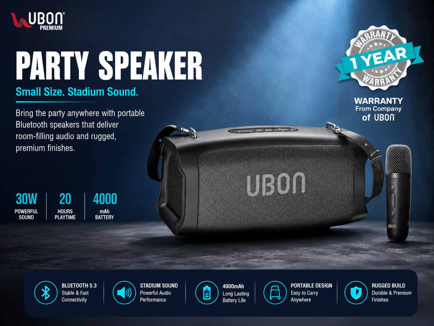 UBON SP-225 30W Bluetooth Party Speaker with Wireless Mic | 20H Playtime, 4000mAh Battery, Deep Bass, FM/USB/TF/AUX Support | Portable Karaoke Speaker