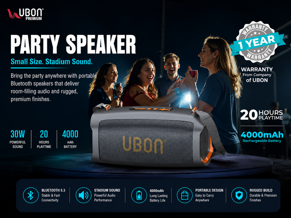 UBON SP-225 30W Bluetooth Party Speaker with Wireless Mic | 20H Playtime, 4000mAh Battery, Deep Bass, FM/USB/TF/AUX Support | Portable Karaoke Speaker