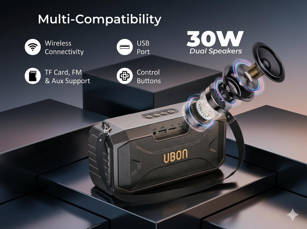 UBON SP-225 30W Bluetooth Party Speaker with Wireless Mic | 20H Playtime, 4000mAh Battery, Deep Bass, FM/USB/TF/AUX Support | Portable Karaoke Speaker