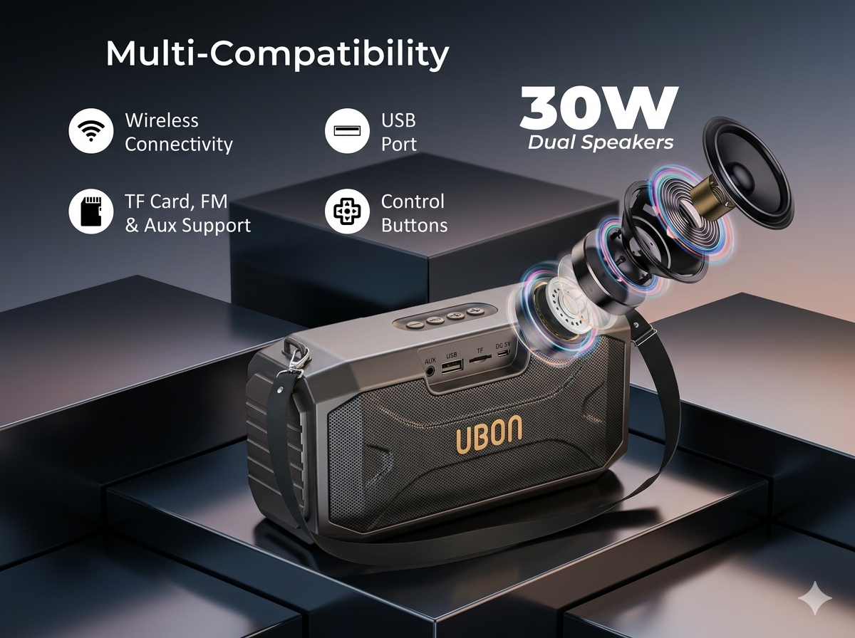 UBON SP-225 30W Bluetooth Party Speaker with Wireless Mic | 20H Playtime, 4000mAh Battery, Deep Bass, FM/USB/TF/AUX Support | Portable Karaoke Speaker