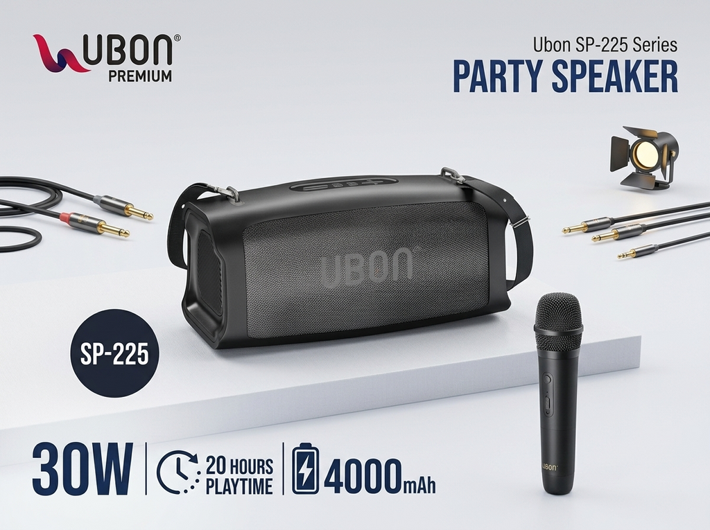 UBON SP-225 30W Bluetooth Party Speaker with Wireless Mic | 20H Playtime, 4000mAh Battery, Deep Bass, FM/USB/TF/AUX Support | Portable Karaoke Speaker