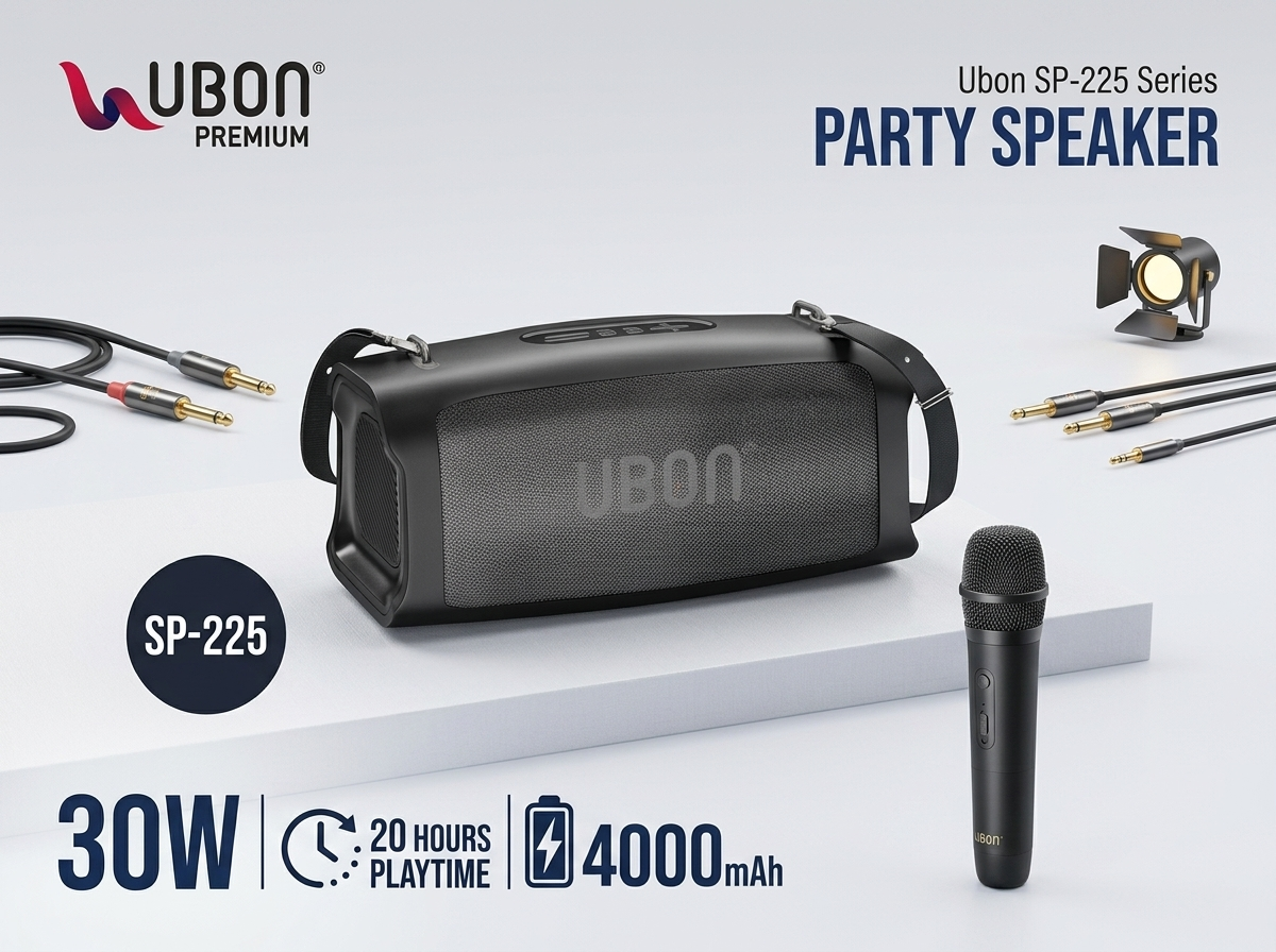UBON SP-225 30W Bluetooth Party Speaker with Wireless Mic | 20H Playtime, 4000mAh Battery, Deep Bass, FM/USB/TF/AUX Support | Portable Karaoke Speaker