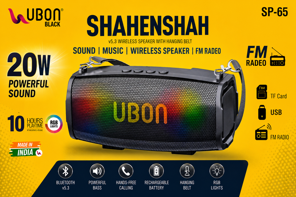 UBON Cruise SP-65 20W Wireless Bluetooth Speaker | Powerful Sound Output | Up to 8 Hours Playtime | Portable Heavy Bass Speaker with Bluetooth 5.3, USB, TF Card & AUX Support | Stylish Unique Design for Home, Travel & Parties
