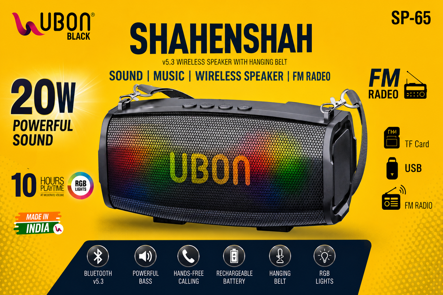 UBON Cruise SP-65 20W Wireless Bluetooth Speaker | Powerful Sound Output | Up to 8 Hours Playtime | Portable Heavy Bass Speaker with Bluetooth 5.3, USB, TF Card & AUX Support | Stylish Unique Design for Home, Travel & Parties