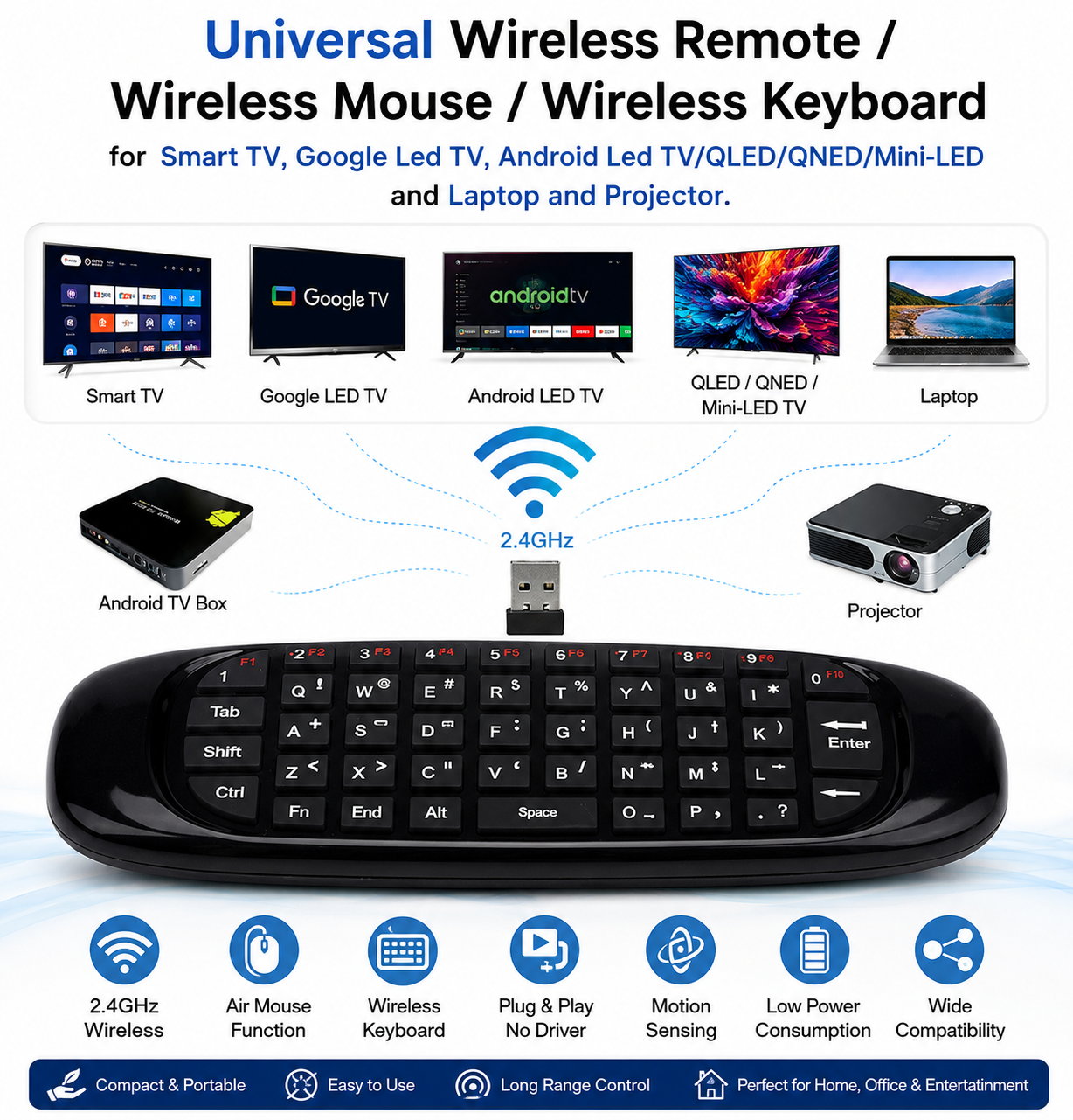 Air Mouse Remote with Mini Wireless Keyboard, 2.4G USB Fly Mouse with Color Backlight & Motion Detection, Wireless Remote Control for Smart TV, Android TV Box, PC, Laptop, Projector & HTPC.