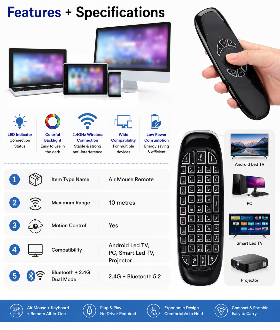 Air Mouse Remote with Mini Wireless Keyboard, 2.4G USB Fly Mouse with Color Backlight & Motion Detection, Wireless Remote Control for Smart TV, Android TV Box, PC, Laptop, Projector & HTPC.