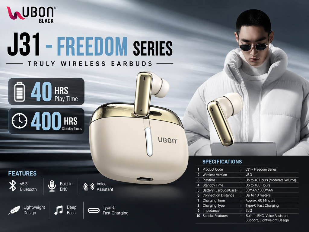 UBON J31 Freedom Series Truly Wireless Earbuds | 40Hrs Playtime | Bluetooth v5.3 TWS Earbuds | ENC Noise Free Calling | Voice Assistant | Deep Bass Sound | Type-C Fast Charging | IPX4 Water Resistant Earbuds for All Smartphones