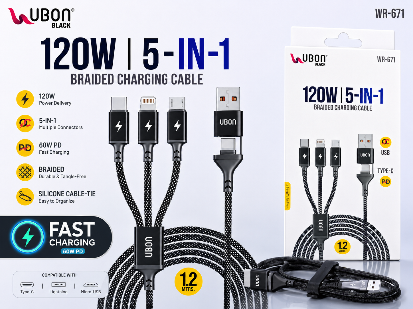 120W 4-in-1 Fast Charging Cable Nylon Braided Multi USB Charger Cord with Type-C, Micro USB & Lightning Connectors | Fast Data Sync & Durable Tangle-Free Cable for Android, iPhone, Tablets