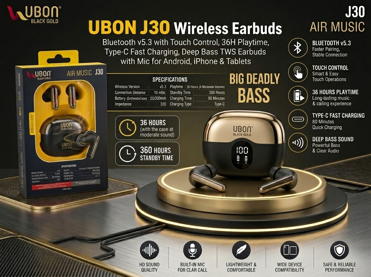 UBON J30 AIR MUSIC Wireless Earbuds Bluetooth v5.3 with Touch Control, 36H Playtime, Type-C Fast Charging, Deep Bass TWS Earbuds with Mic for Android, iPhone & Tablets