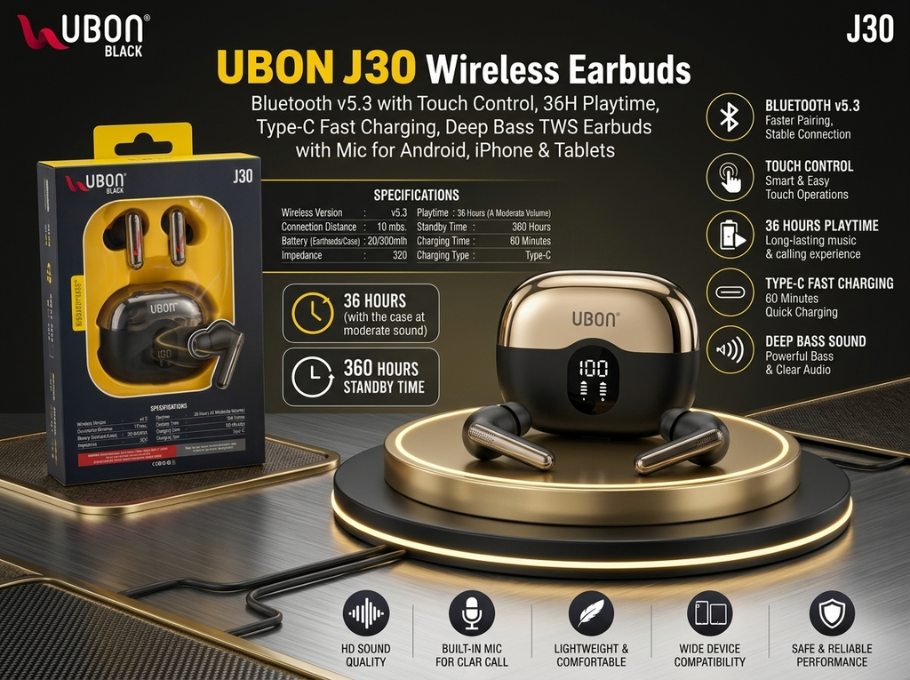 UBON J30 AIR MUSIC Wireless Earbuds Bluetooth v5.3 with Touch Control, 36H Playtime, Type-C Fast Charging, Deep Bass TWS Earbuds with Mic for Android, iPhone & Tablets