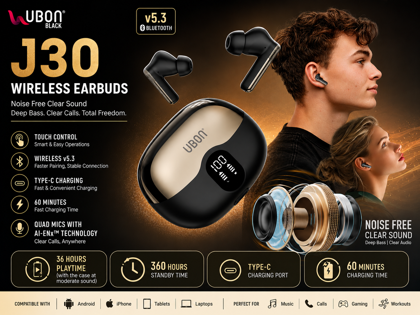 UBON J30 AIR MUSIC Wireless Earbuds Bluetooth v5.3 with Touch Control, 36H Playtime, Type-C Fast Charging, Deep Bass TWS Earbuds with Mic for Android, iPhone & Tablets