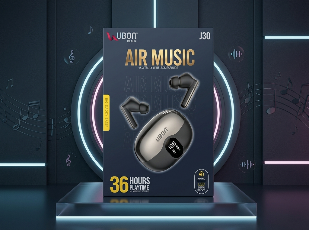 UBON J30 AIR MUSIC Wireless Earbuds Bluetooth v5.3 with Touch Control, 36H Playtime, Type-C Fast Charging, Deep Bass TWS Earbuds with Mic for Android, iPhone & Tablets