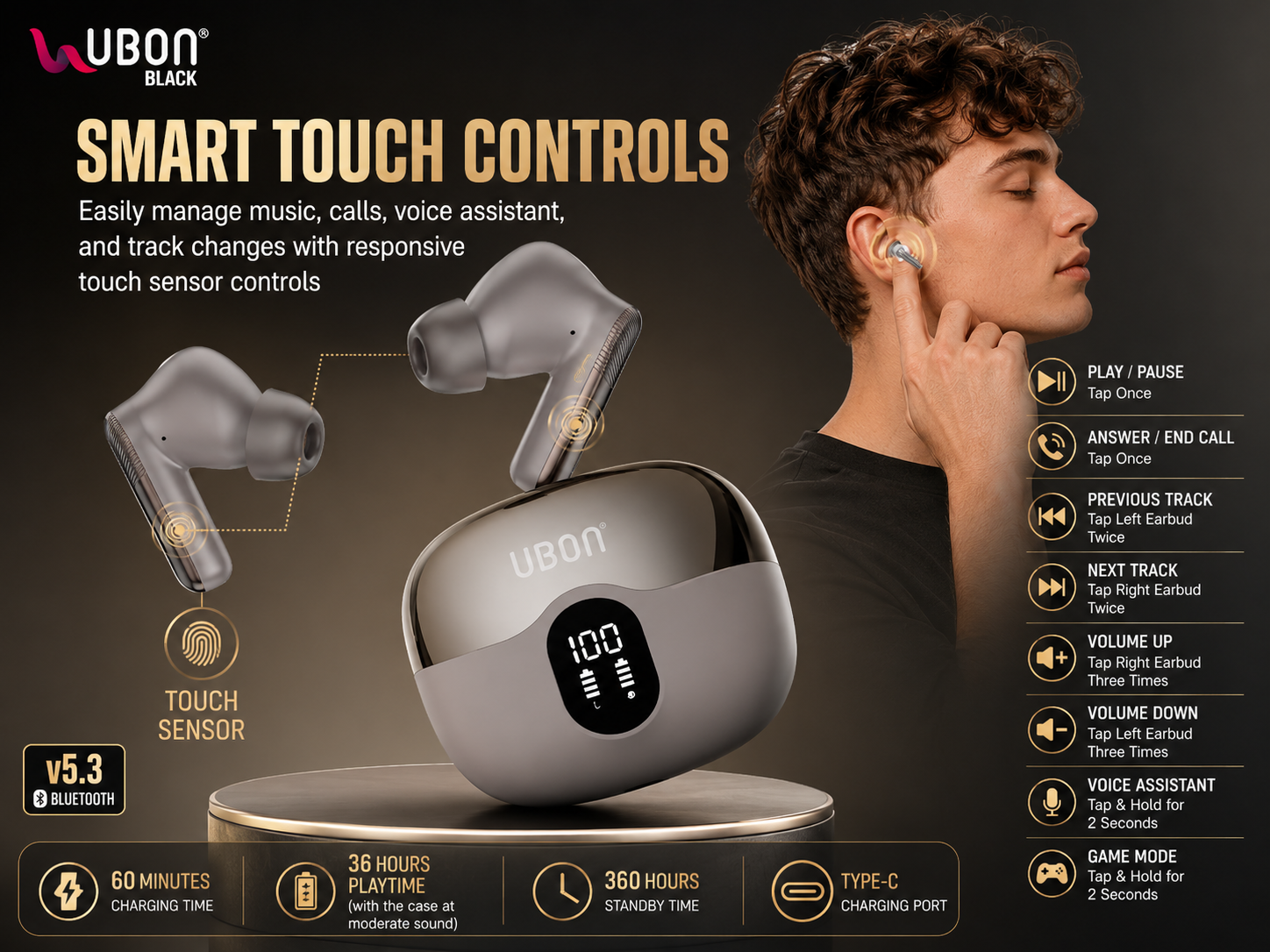 UBON J30 Wireless Earbuds Bluetooth v5.3 with Touch Control, 36H Playtime, Type-C Fast Charging, Deep Bass TWS Earbuds with Mic for Android, iPhone & Tablets