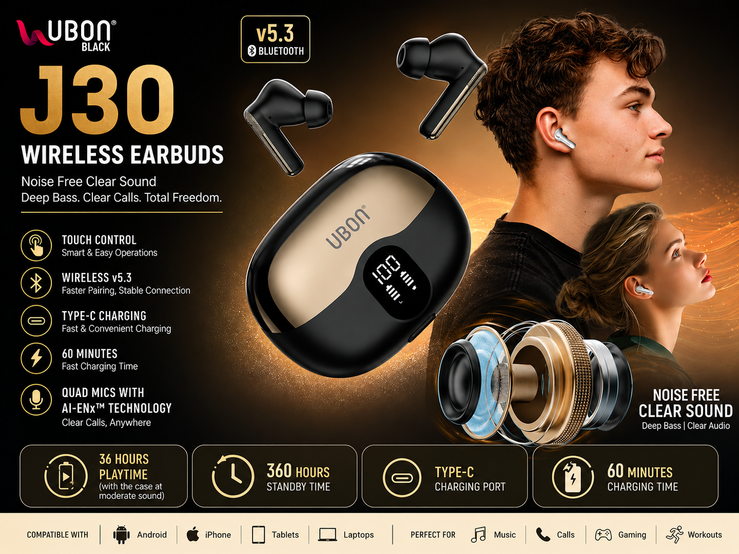 UBON J30 Wireless Earbuds Bluetooth v5.3 with Touch Control, 36H Playtime, Type-C Fast Charging, Deep Bass TWS Earbuds with Mic for Android, iPhone & Tablets